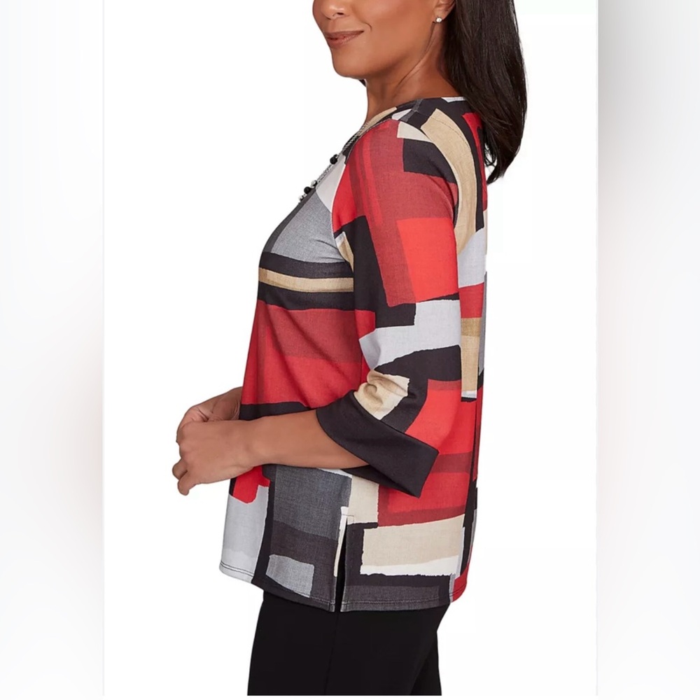 Alfred Dunner Red and Black Geometric Blouse